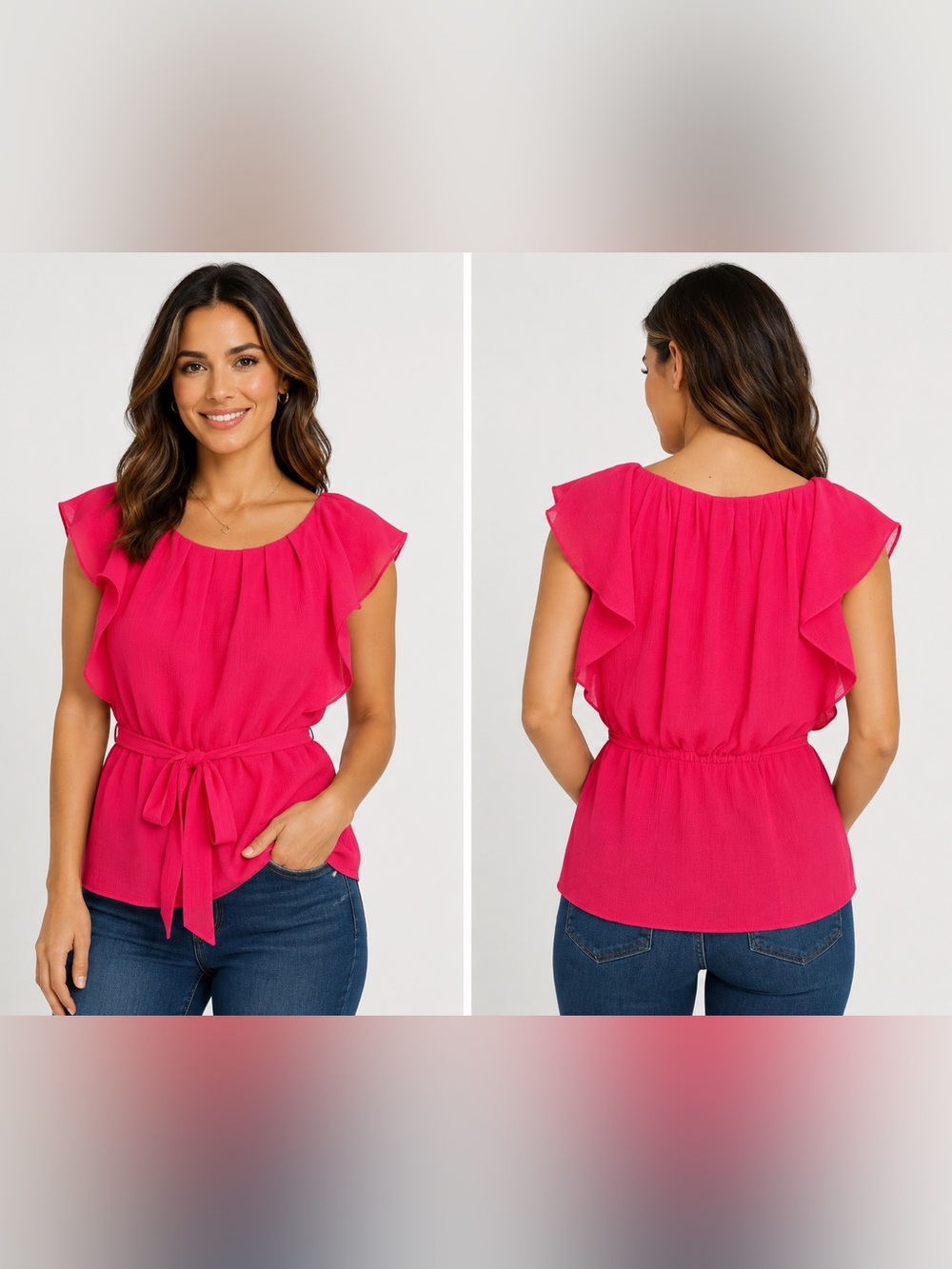BCBGMaxAzria Hot Pink Flutter-Sleeve Tie-Waist Blouse - Size S